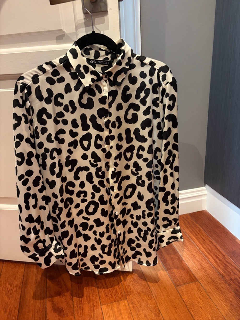 Zara Black and White Leopard Print Button-Down Shirt